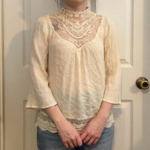 Cream Vintage Style Gothic Lace Lace Neck 3/4 Length Sleeves Blouse